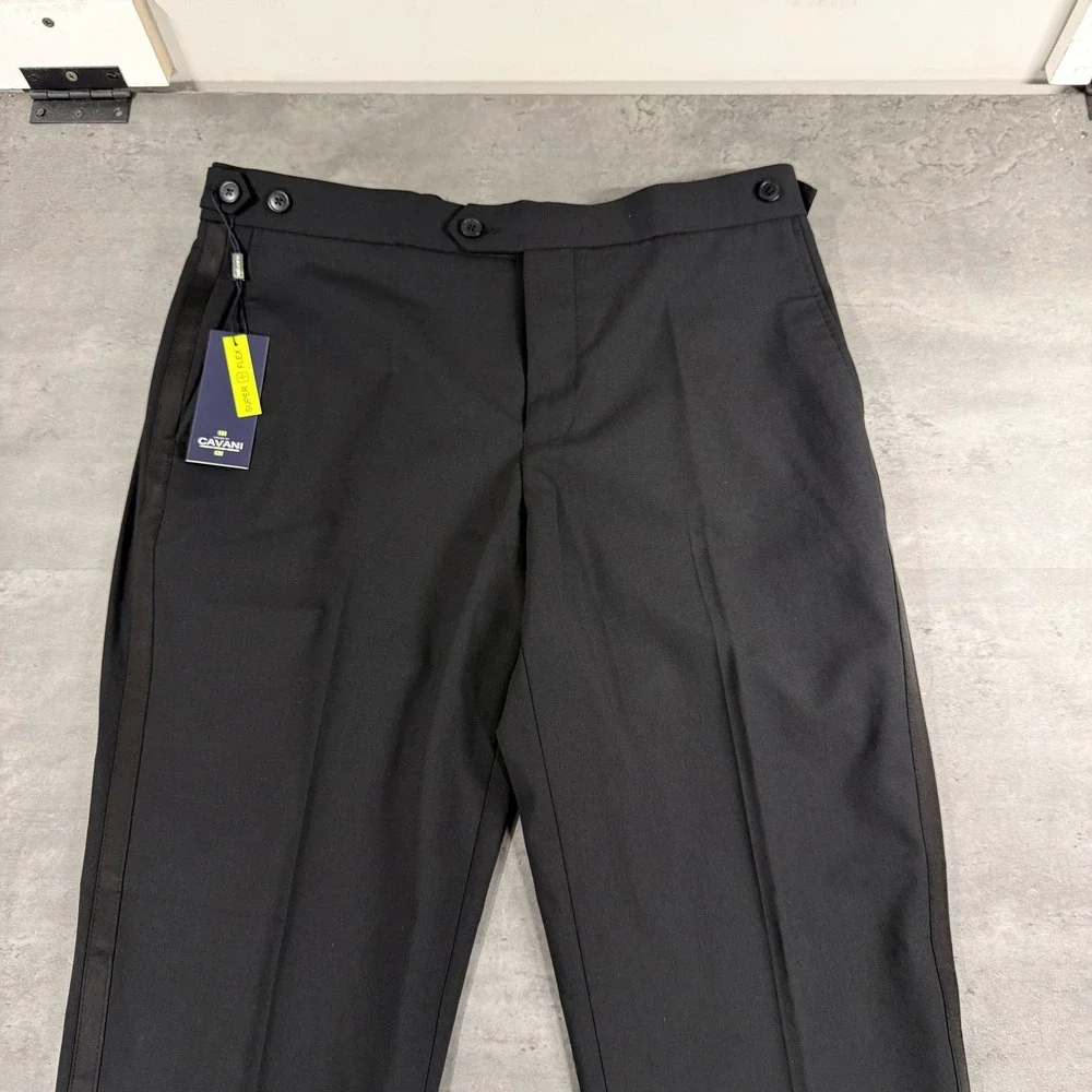 Cavani Trousers Mens 34 Aspen Black Satin Stripe Tuxedo Formal Super Flex NEW